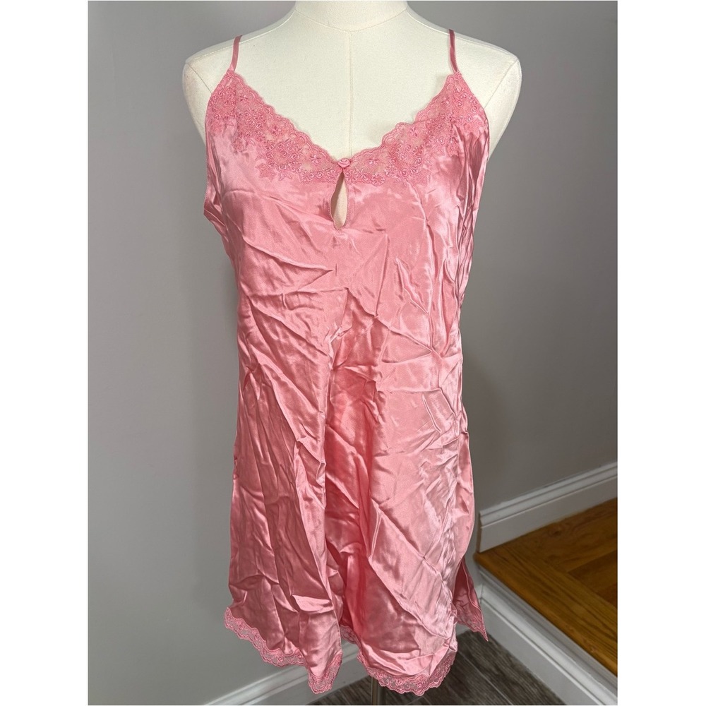 Vintage Victoria's Secret 100% Silk Pink Lace Trim Slip Dress Sz L Y2K Low Back